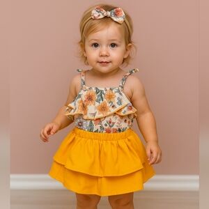 Boho Baby Girl Romper Dress Vintage Floral Ruffles Bow Sleeves Kids Set 9-12M
